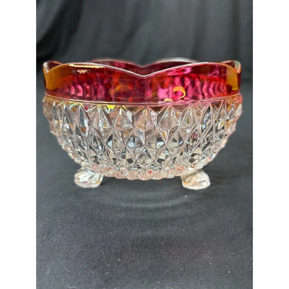 Vtg Ruby Red Flash Clear Diamond Point Pattern Footed Glass Bowl Scalloped Edge